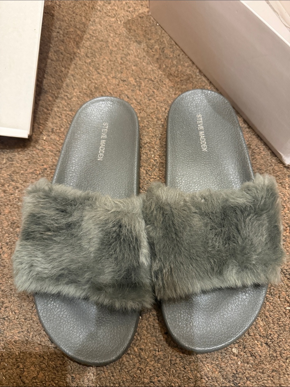 Steve Madden Gray Faux Fur Slide Sandals